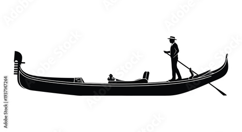 A striking black silhouette depicts a gondolier and his traditional boat on calm waters silhouette high quality professional
