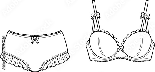 Detailed black and white fashion illustration of lingerie set with scalloped edges, bows, and structured bra with matching panties, perfect for clothing design projects