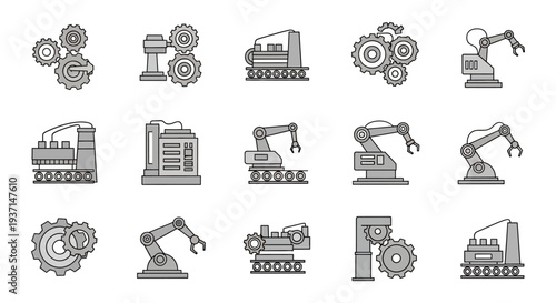 Industrial Automation, Robotic Arms, and Gears Icons Set - Factory Production Line Machinery and Engineering Technology Vector Collection