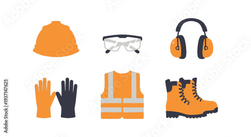 Industrial Safety Equipment Collection: Hard Hat, Vest, Glasses, Ear Protection, Gloves, Boots. Essential Personal Protective Gear for Workplace Safety.