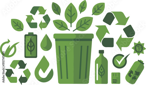 Green Recycling and Environmental Icons Set with Bin Leaves and Eco Symbols Flat Illustration