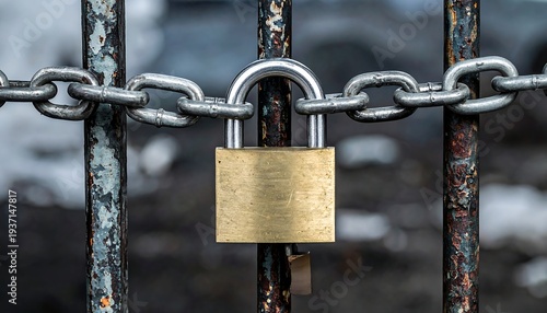 A brass padlock secures a rusty metal gate with chain against a blurred, snowy background