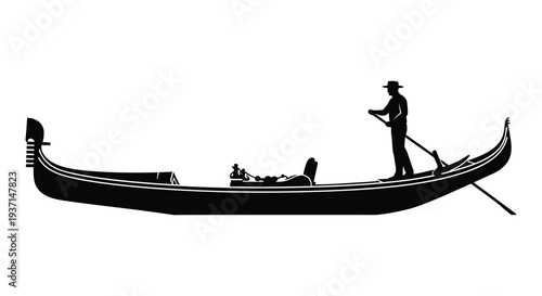 A striking black gondola with a standing gondolier and passengers a classic venetian scene silhouette high quality professional