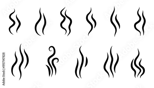 Smoke doodle line and icon steam food with coffee hot smell. Vector aroma cooking and heat air cartoon with fragrance wind cloud. Sketch smoke gas and fume icon scent with blow steam wave.