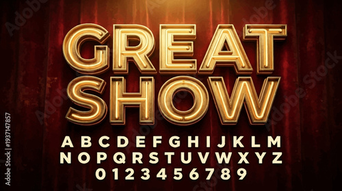 Golden text effect with alphabet and numbers on red stage curtain background.