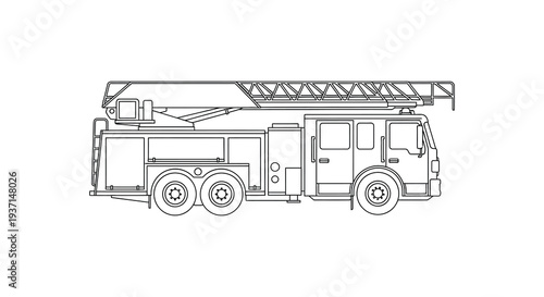 Detailed line drawing depicts a classic fire engine with an extended ladder a striking silhouette high quality professional