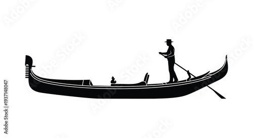 A striking black silhouette depicts a gondolier navigating a traditional venetian gondola silhouette high quality professional detailed modern
