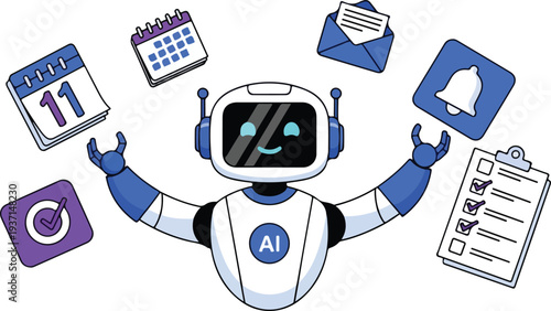 Friendly artificial intelligence robot efficiently managing various digital tasks including scheduling notifications email and to do lists on transparent background