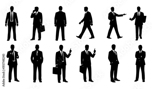 Business man silhouette collection with formal suit characters in multiple poses and views isolated vector illustration