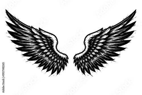Stylized black wings vector illustration. Grungy, distressed, woodcut aesthetic, detailed feathers. Isolated graphic on white. Symbolizes freedom, power, angelic ascent, perfect for tattoos, logos, my