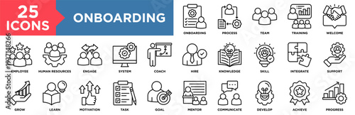 Onboarding Icon Set Collection. Icon Pack Contain Training, Learn, Progress, Team, Process, Human Resources, Support, Employee, Integrate, Skill