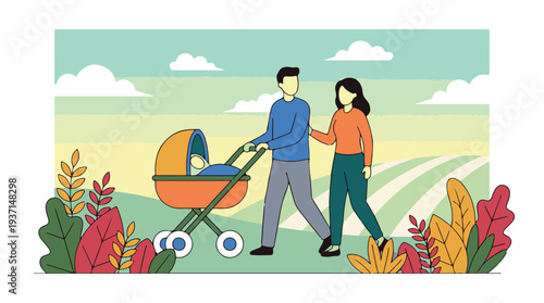 Parents walking with baby in stroller outdoors, family time in nature