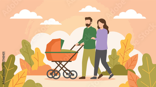 Happy family couple strolling with baby in a park, flat design