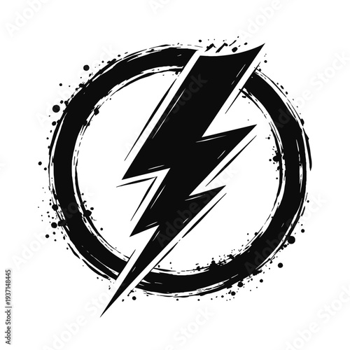 Black lightning bolt in grunge circle with splatters. Symbol of raw power, electric energy, dynamic speed. Ideal for edgy logos, rock bands, punk apparel, urban street art, comic graphics, gaming desi