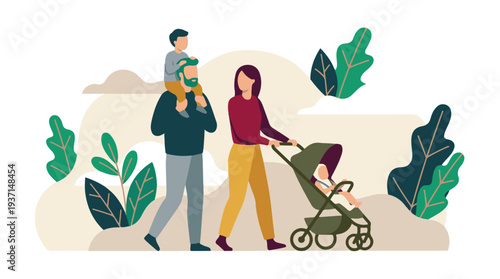Happy family with two children walking outdoors, minimalist illustration