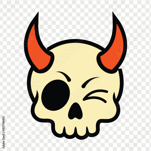 Cartoon devil horns skull face with winking eye expression design
