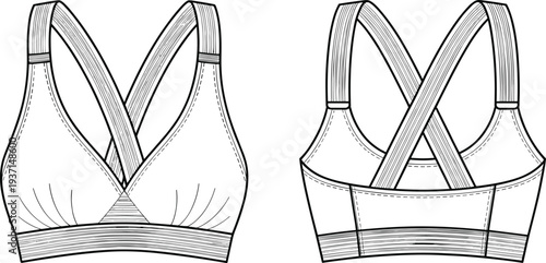 Women sports bra front and back view hand drawn vector illustration, athletic workout underwear design, fitness apparel line art isolated