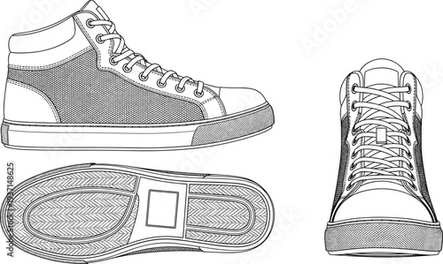 High Top Sneaker Technical Line Drawing Showing Side, Front and Sole Views for Footwear Design, Fashion Template and Shoe Mockup