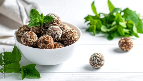 A white bowl filled with dark energy balls is garnished with mint against a light backdrop and striped cloth