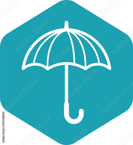 Rain umbrella icon in blue hexagon representing weather protection, safety coverage, outdoor accessories, and insurance concepts