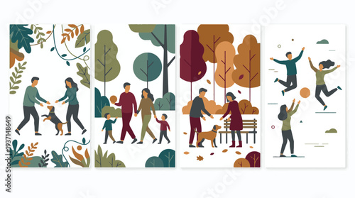 Illustrations of people, families, and pets enjoying outdoor park activities