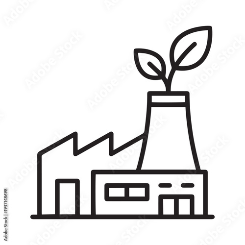 Minimalist Eco-Friendly Factory Line Art Icon Representing Sustainable Industry, Green Energy, and Environmental Protection with Leaves Growing From a Smokestack.