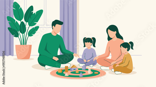 Parents and two daughters playing with building blocks, joyful family time