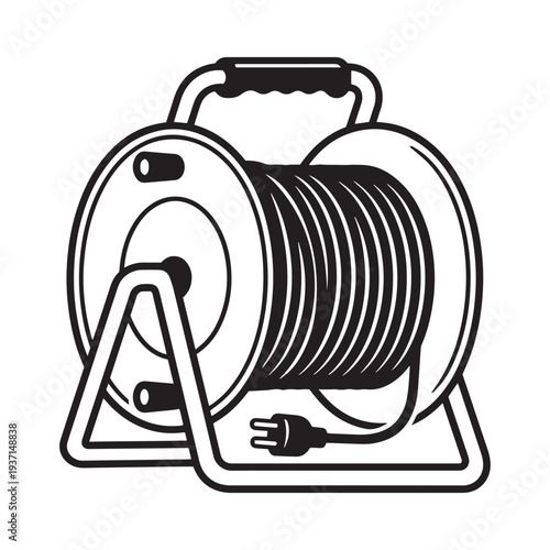 Industrial style black and white vector line art icon of a heavy-duty portable power extension cord cable reel with handle.