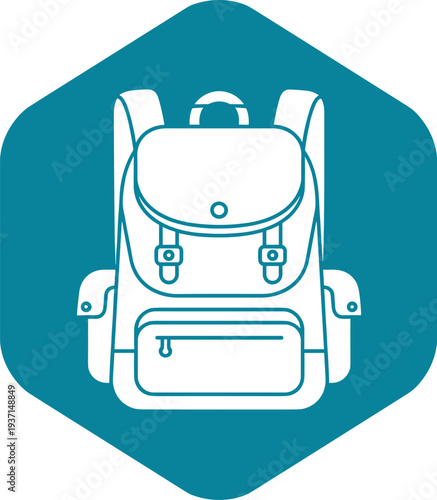 Backpack icon in blue hexagon representing school supplies, travel gear, hiking equipment, and modern bag design