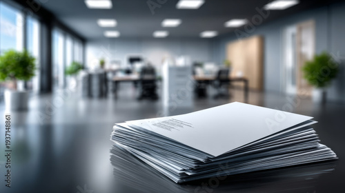 Sheets of paper arranged neatly on a desk with a busy office environment visible behind them