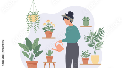 Female character watering indoor plants. Home gardening and hobby concept.