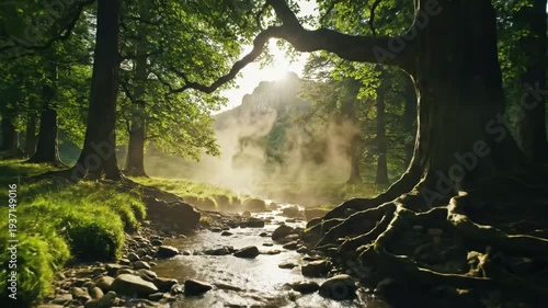 Serene Forest Stream with Sunlight Filtering.