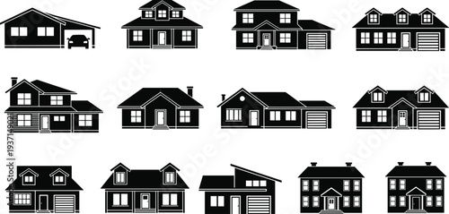 House Silhouette Icon Set with Different Residential Home Buildings, Cottage, Villa and Garage Symbols for Real Estate Design