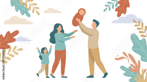 Happy family illustration with parents playing with their baby and toddler