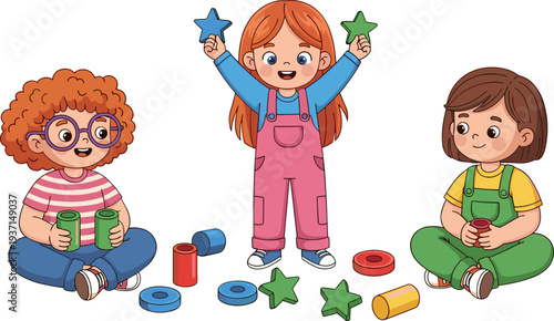 Cute Kids Playing with Colorful Educational Toys Vector Illustration Showing Happy Children Learning Shapes, Early Childhood Development, Preschool Activity and Creative Playtime