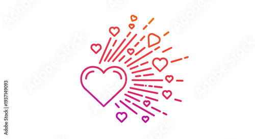 Radiant heart icon design with emanating smaller hearts and dynamic lines symbolizing love explosion or strong positive emotion and affection