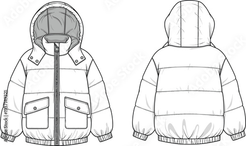 Hooded Puffer Jacket Technical Line Drawing with Front and Back Views for Winter Outerwear Fashion Design and Apparel Template