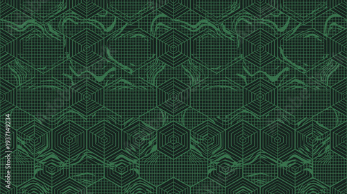 Dark green abstract background with hexagonal pattern and grid texture.