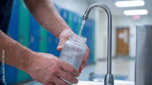 Student refilling water bottle at fountain in school hallway  