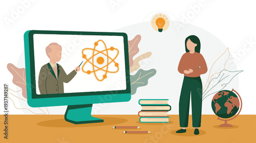 Student learning science remotely from online teacher on computer screen