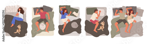 Cartoon sleeping people. Man and woman resting in bed with pets, napping characters and cute domestic animals flat vector illustration set. Male and female person sleeping in cozy beds