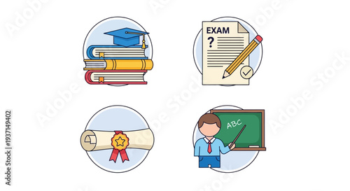 Collection of four educational icons representing learning achievement graduation examination and teacher instruction in a set.