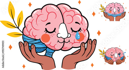 Cute cartoon human brain character experiencing emotional healing and mindful self care being gently cradled on transparent background