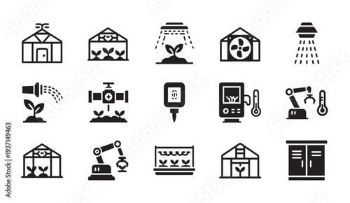 Modern agricultural technology and automation icons for innovative farming solutions