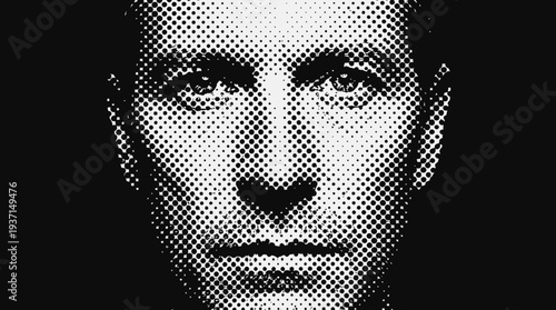 Close-up portrait of a man's face in halftone pattern.