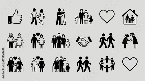 Simple black silhouettes of people and symbols representing family and relationships.