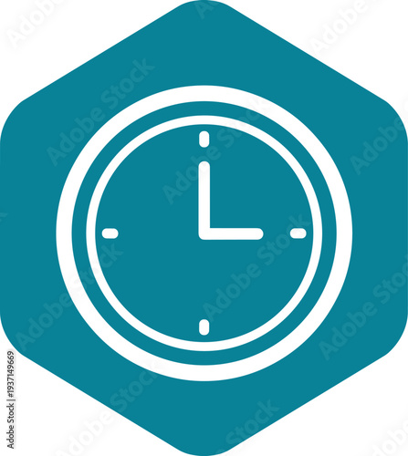 Clock time icon in blue hexagon representing schedule management, punctuality, deadlines, and modern user interface design