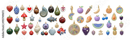 Vibrant artisan diverse collection of ceramic and enamel charms featuring strawberries, seashells, and ornate floral patterns for custom jewelry, creative accessories