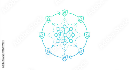 Decentralized network diagram illustrates secure data protection with interconnected nodes surrounded by circulating shield icons in a gradient style.