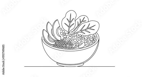 Single line drawing depicts a healthy grain bowl filled with avocado slices and leafy spinach greens resting on a minimal surface.